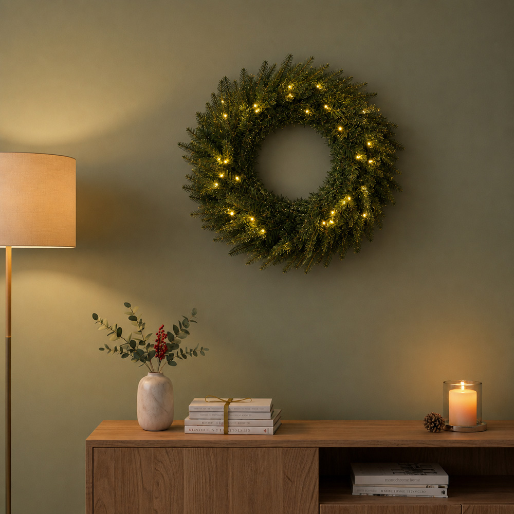 Festive Christmas Pre-Lit Green Wreath 60cm Image 4