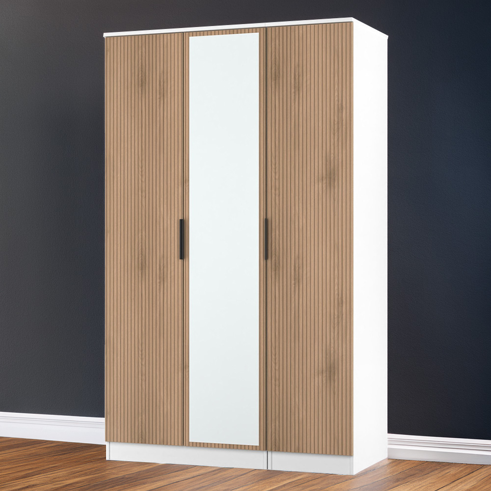 Crowndale Java 3 Door Slatt Effect and White Mirror Wardrobe Image 1