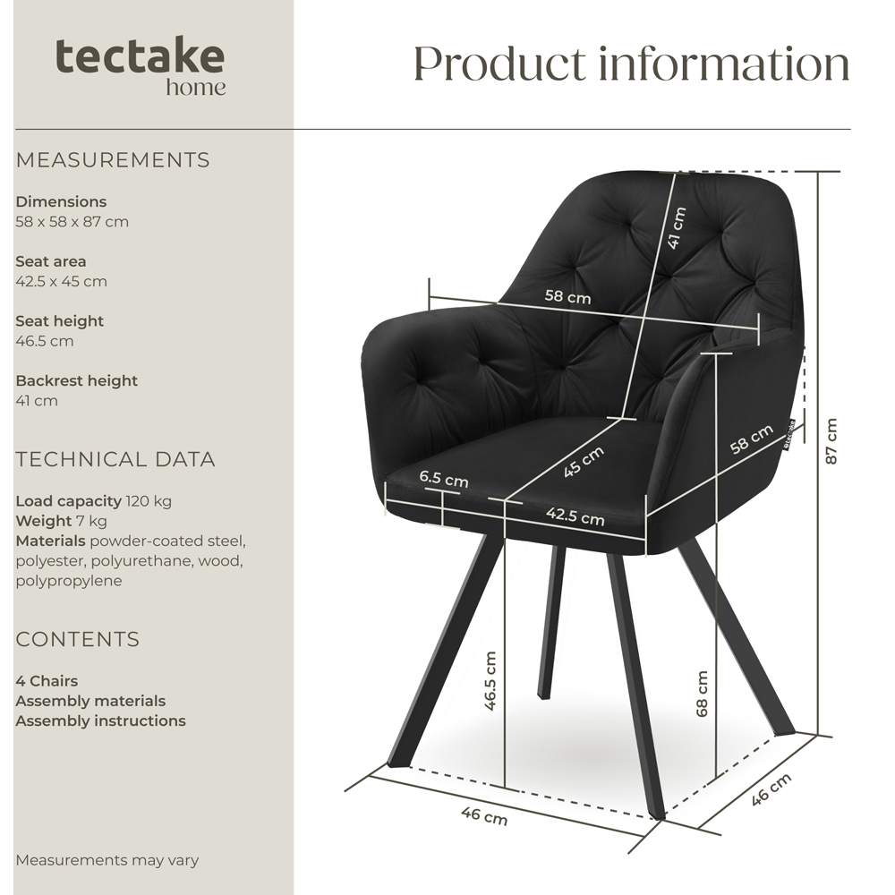 tectake Lucia Black Padded and Quilted Swivel Armchair Set of 4 Image 9
