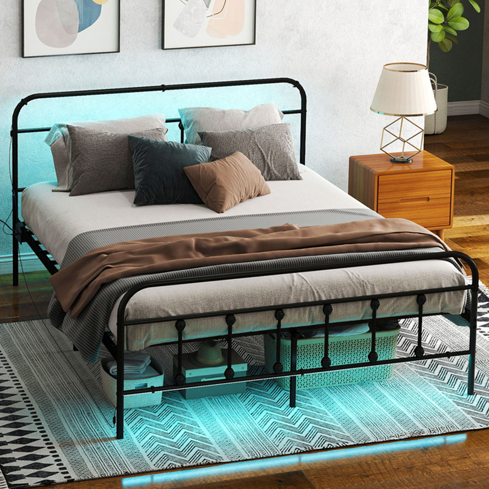 Portland King Black Bed Frame with LED Lights and Charging Station Image 1