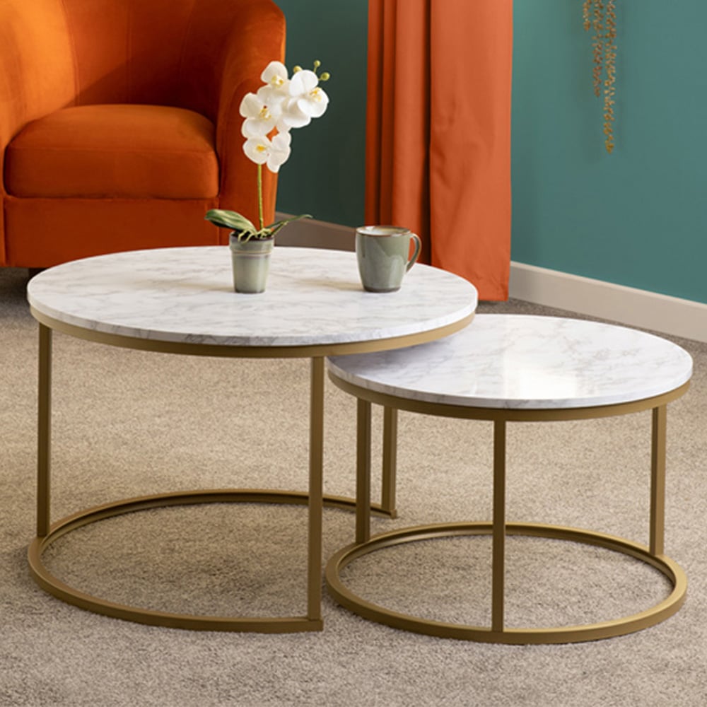 Seconique Dallas Marble and Gold Effect Round Nesting Coffee Table Set ...