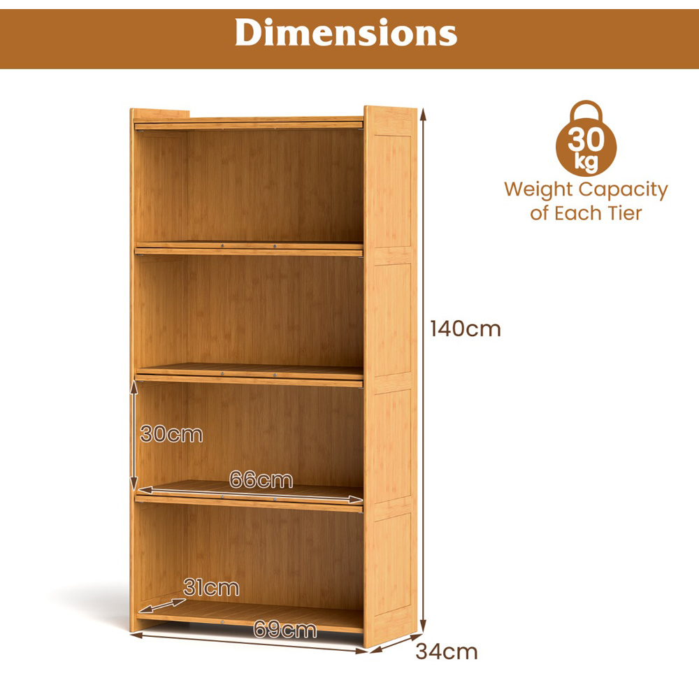 Costway 4 Shelf Natural Bamboo Bookcase with Acrylic Doors Image 9