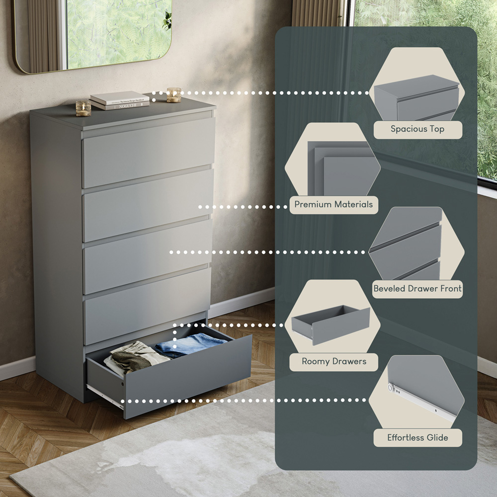 VIDA DESIGNS Denver 5 Drawer Grey Chest of Drawers Image 7