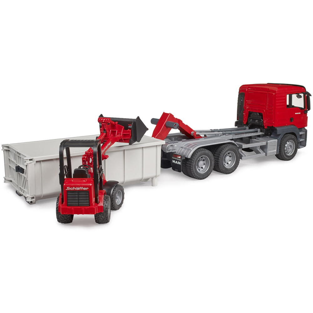 Bruder Kids MAN TGS Truck with Roll-Off-Container and Schäffer Compact Loader Playset Model Image 6