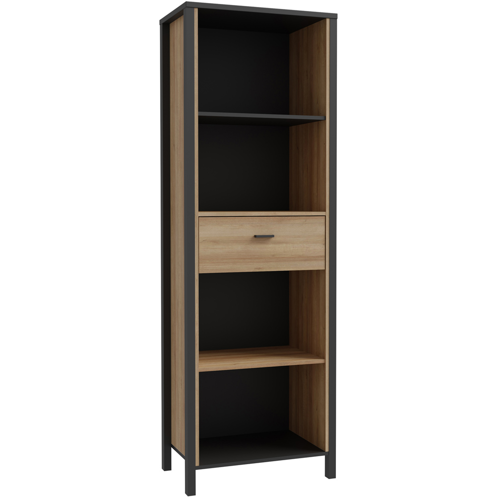 Florence High Rock Single Drawer 4 Shelf Matt Black and Riviera Oak Bookcase Image 2