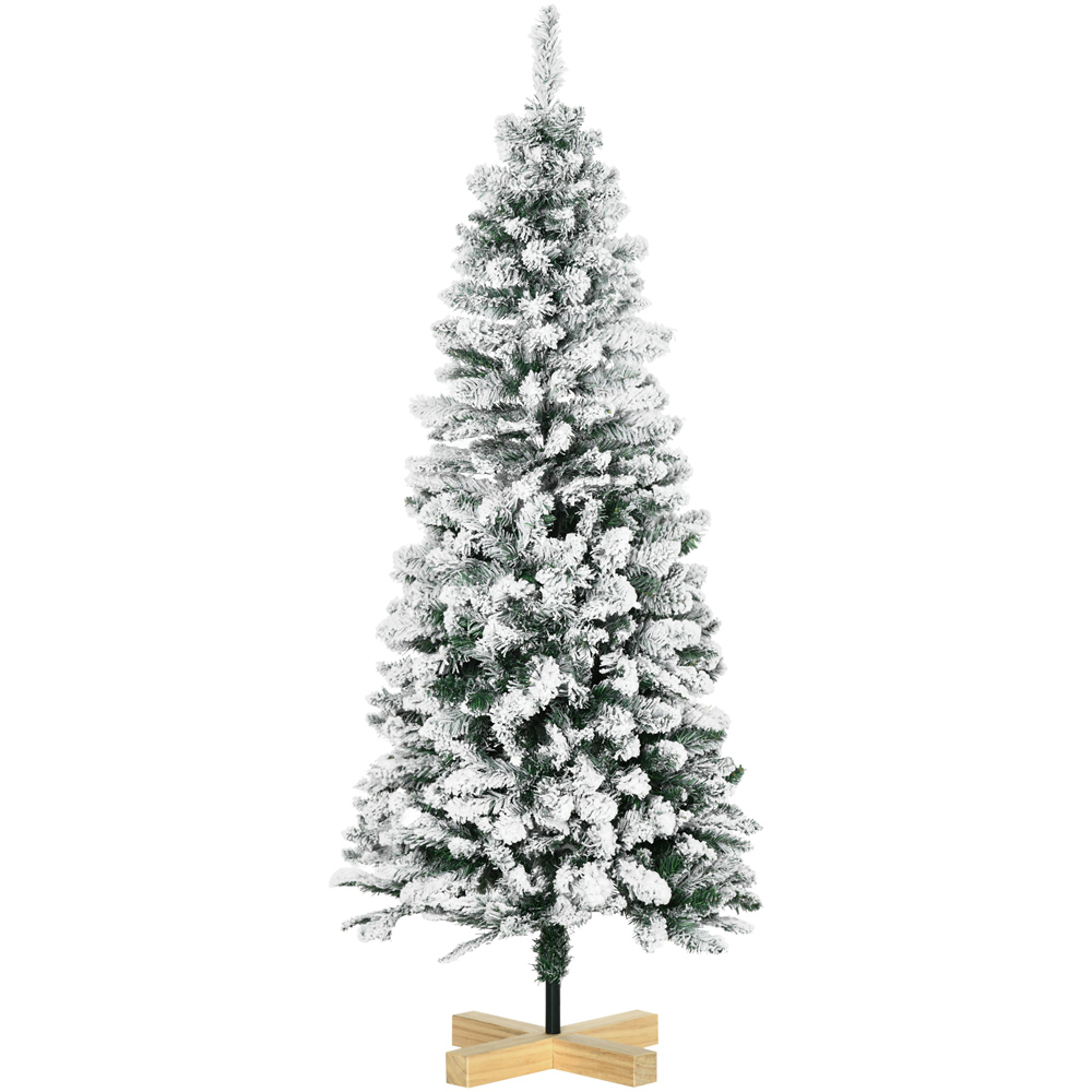 Everglow Green Snow Flocked Artificial Pencil Christmas Tree with Pinewood Base 5ft Image 1