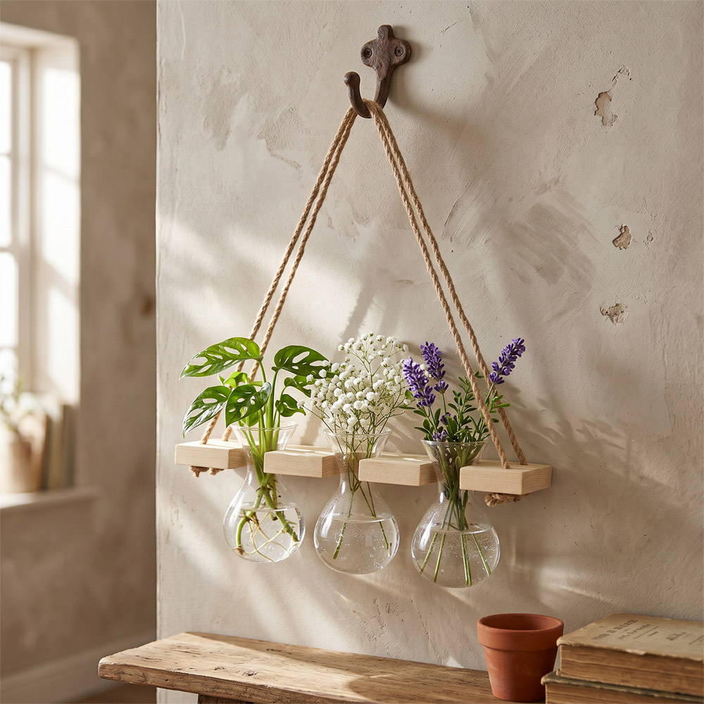 Living and Home 3 Vase Natural Wood Wall Mounted Plant Propagation Station Image 2