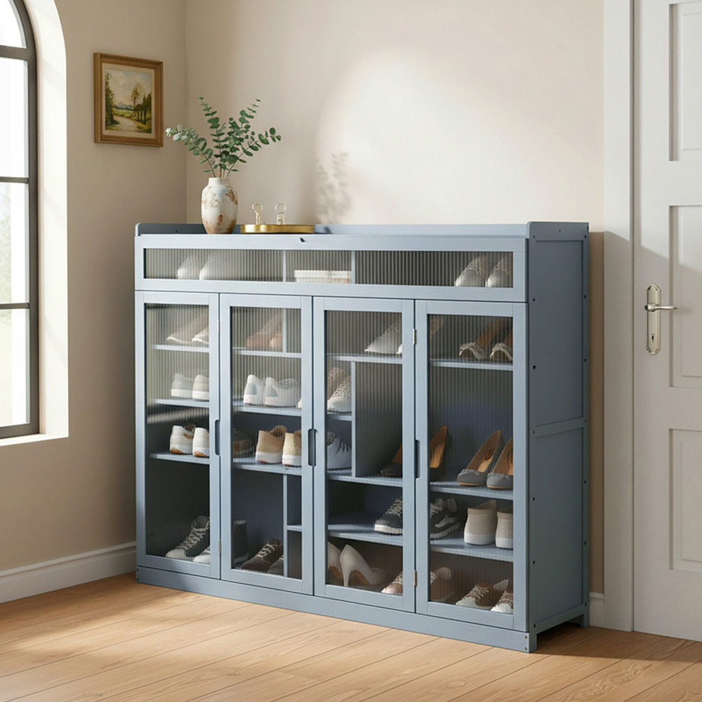 Living and Home 4 Door Blue Grey Bamboo Shoe Cabinet Image 7