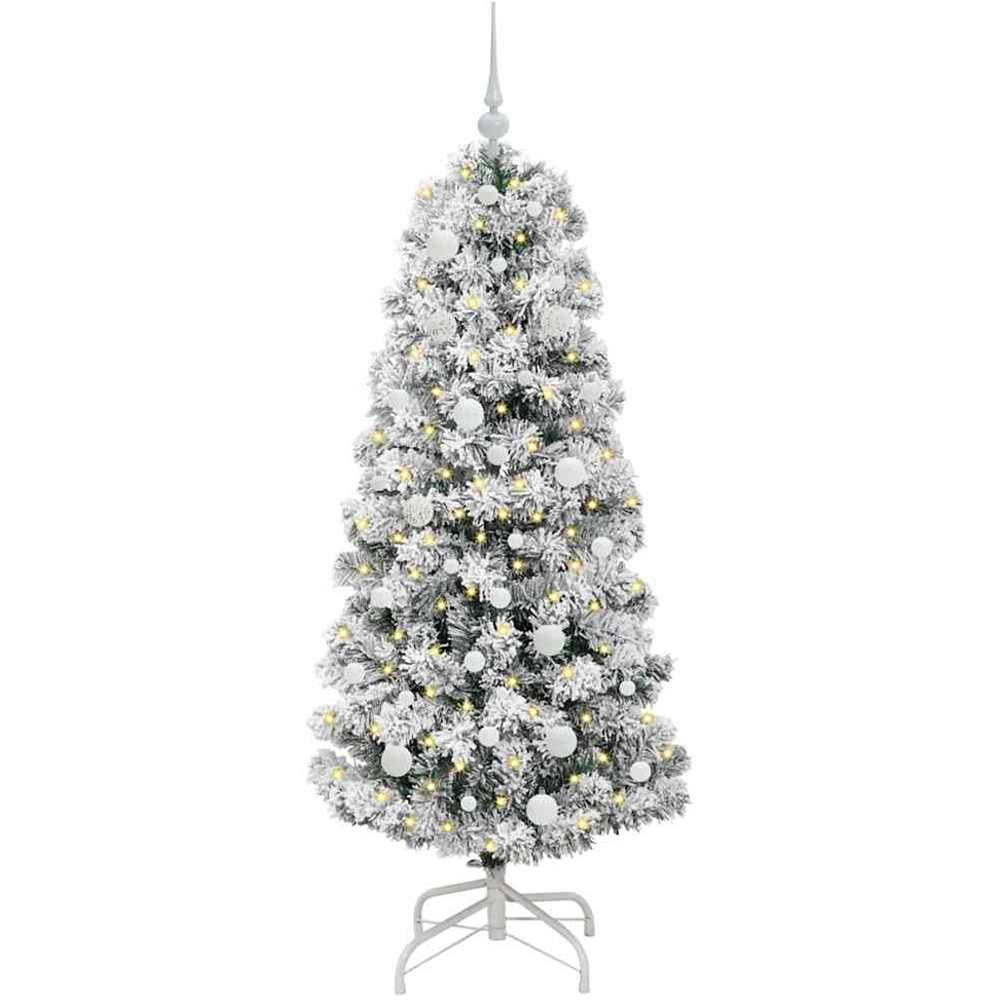 vidaXL Pre-Lit Warm White LED and White Baubles Snow Flocked Artificial Christmas Tree 5ft Image 1