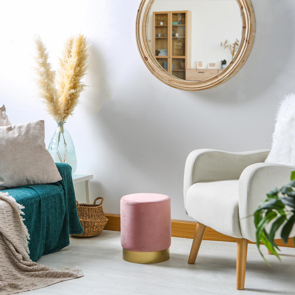 Harbour Housewares Pink Velvet Round Pouffe Image 3