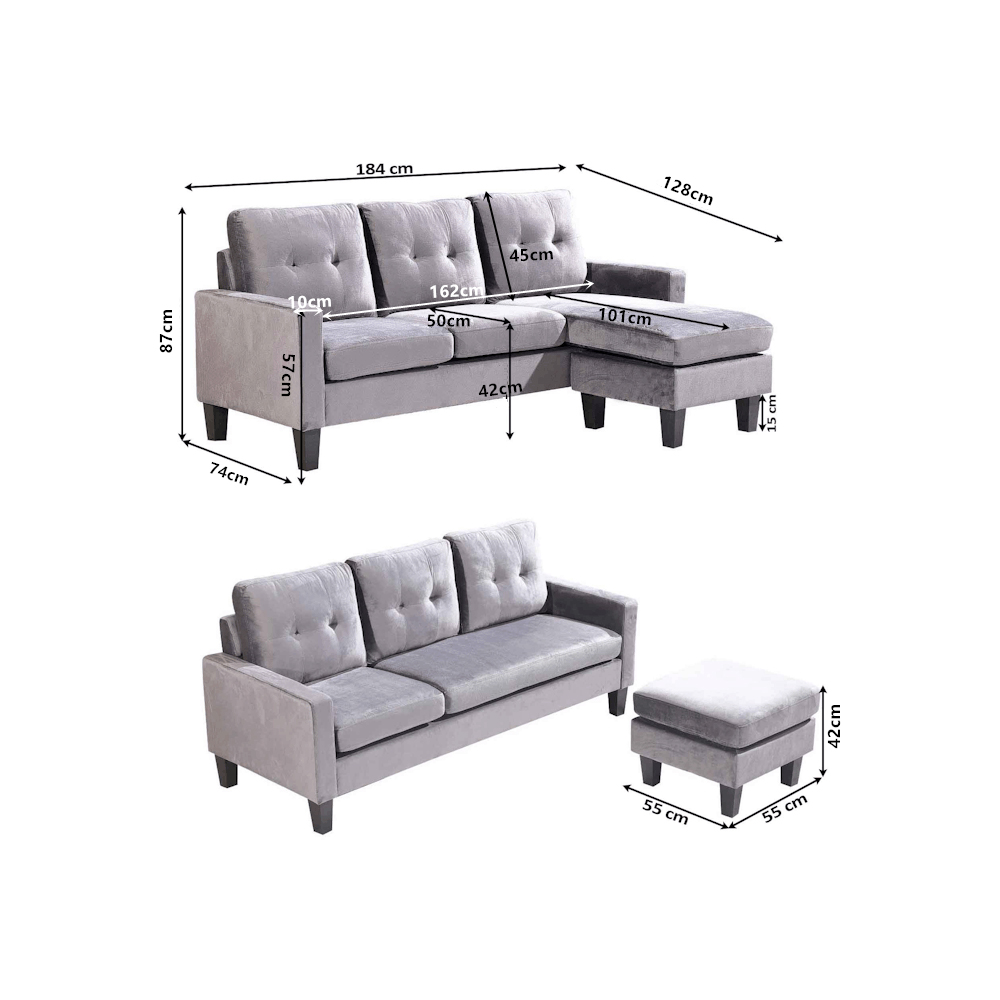 Portland 3 Seater Light Grey Fabric L Shape Reversible Corner Sofa with Ottoman Image 5