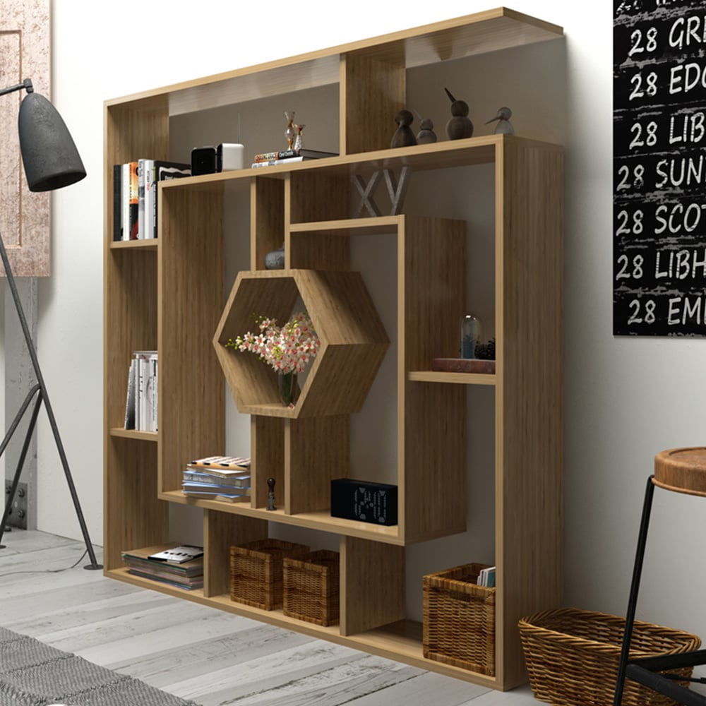 Decorotika Labrina 12 Shelf Oak Hexagonal Geometric Bookcase Image 1