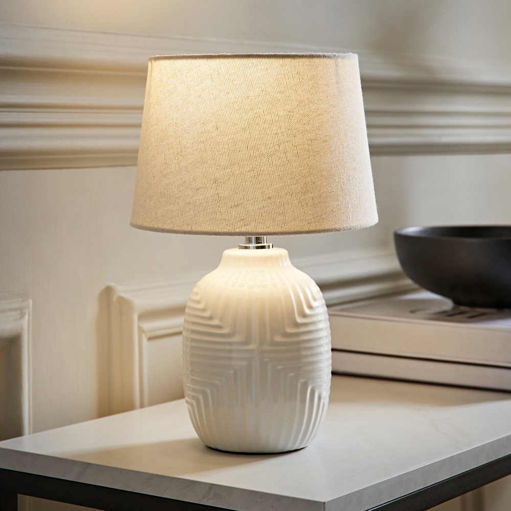 ValueLights Harrison Taper Shade White Geo Ribbed Pattern Gloss Small LED Table Lamp Image 2