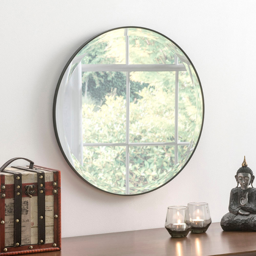 Yearn Simplicity Black Round Bevelled Wall Mirror 46cm Image 2