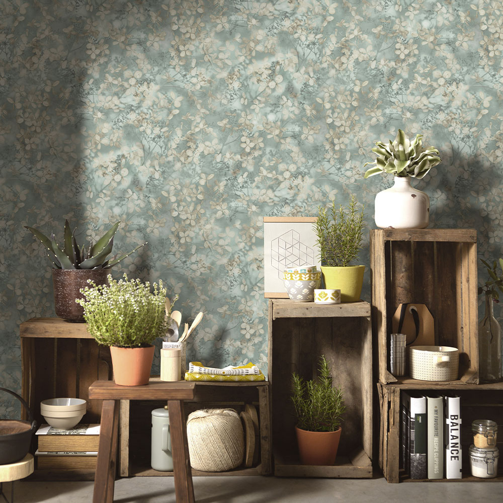 Erismann Textured Flower Blossom Sage Green Wallpaper Image 3