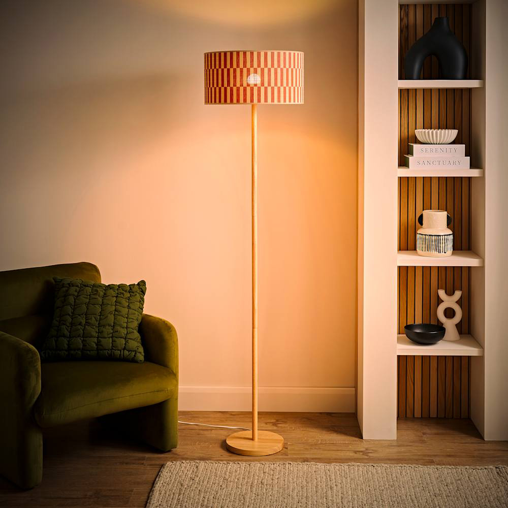ValueLights Heather Orange Checkerboard Bamboo Shade Light Wood LED Floor Lamp with Bulb Image 2