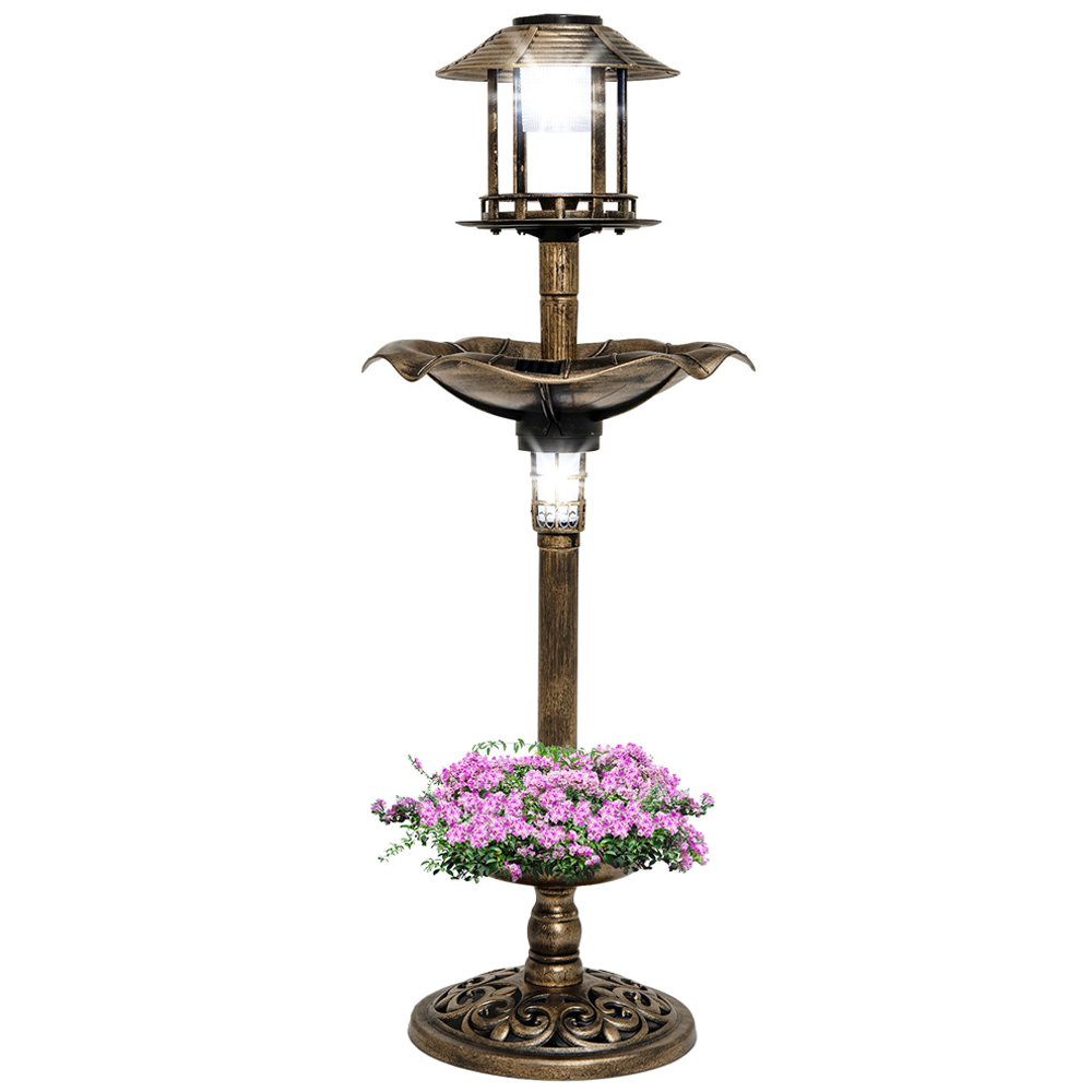 Costway Antique Birdbath and Feeder with 2 Solar Lamp Image 1