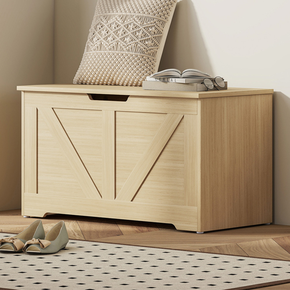 HOMCOM Natural Wood Finish Storage Trunk with 2 Safety Hinges 100L Image 1
