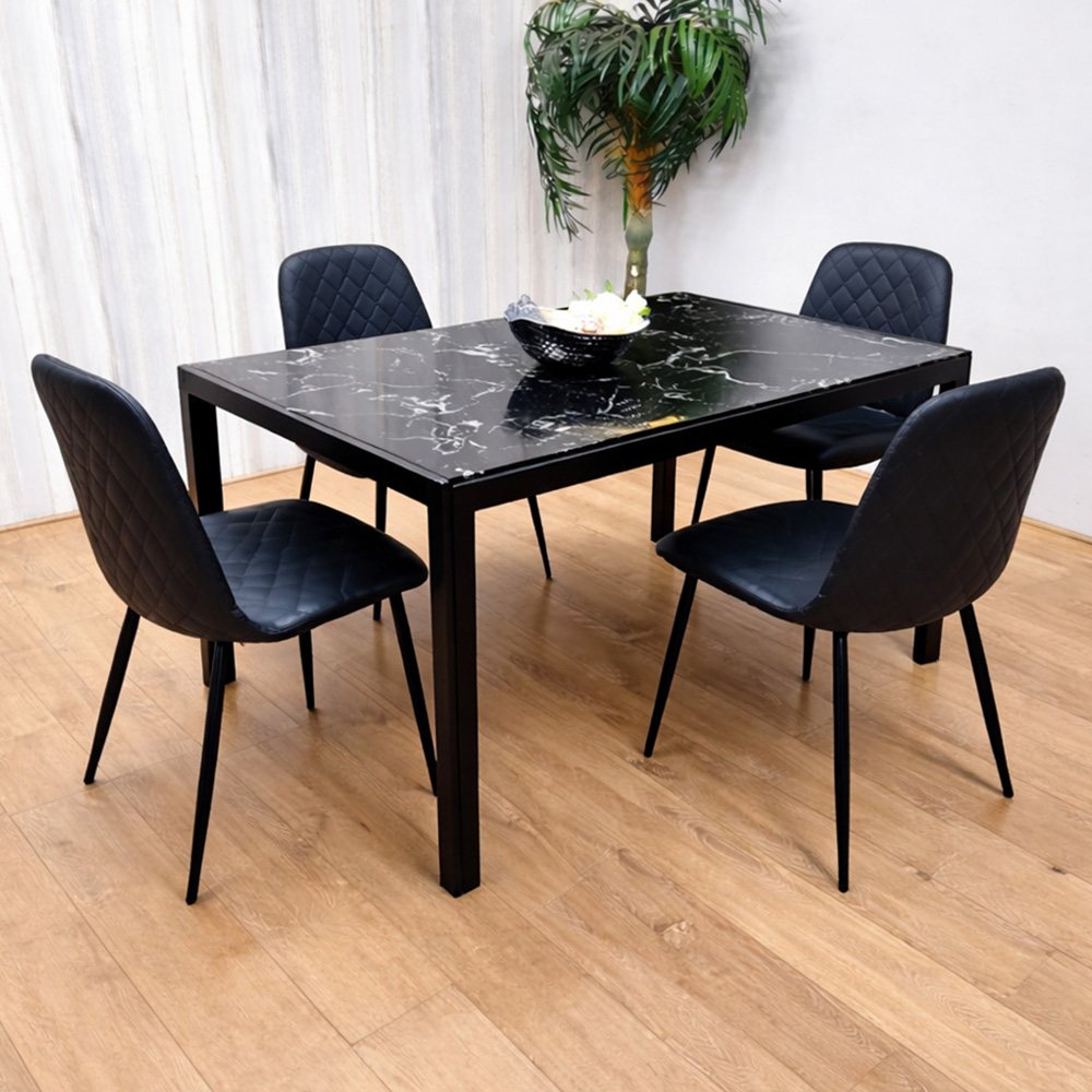 Kosy Koala 4 Seater Glass and Faux Leather Diamond Stitch Dining Set Black and Marble Effect Image 1