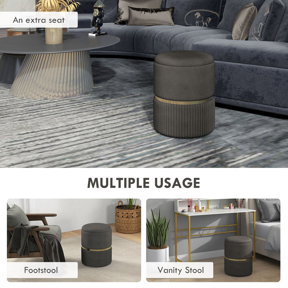 Portland Grey Velvet feel Pouffe Round Ottoman Stool with Storage Image 5