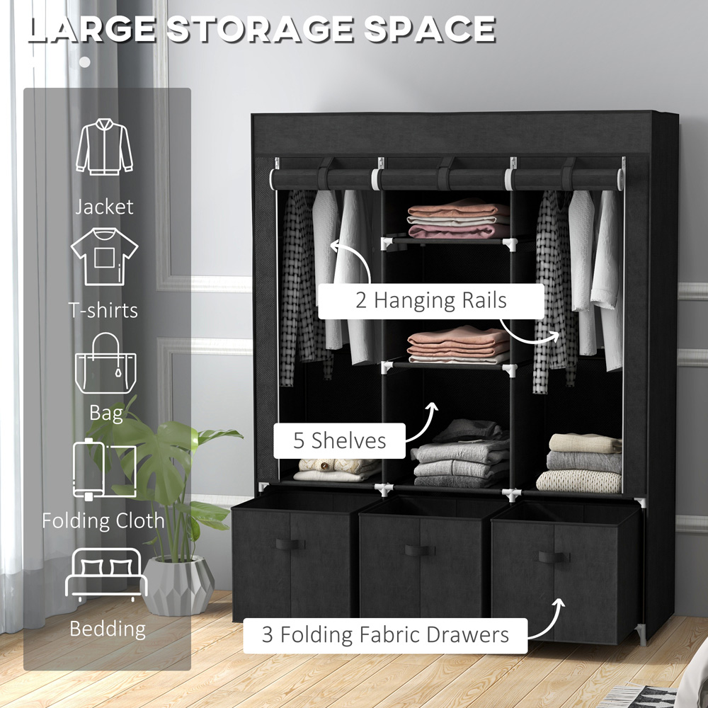 Portland 3 Fabric Drawer 5 Shelf Black Wardrobe Image 8
