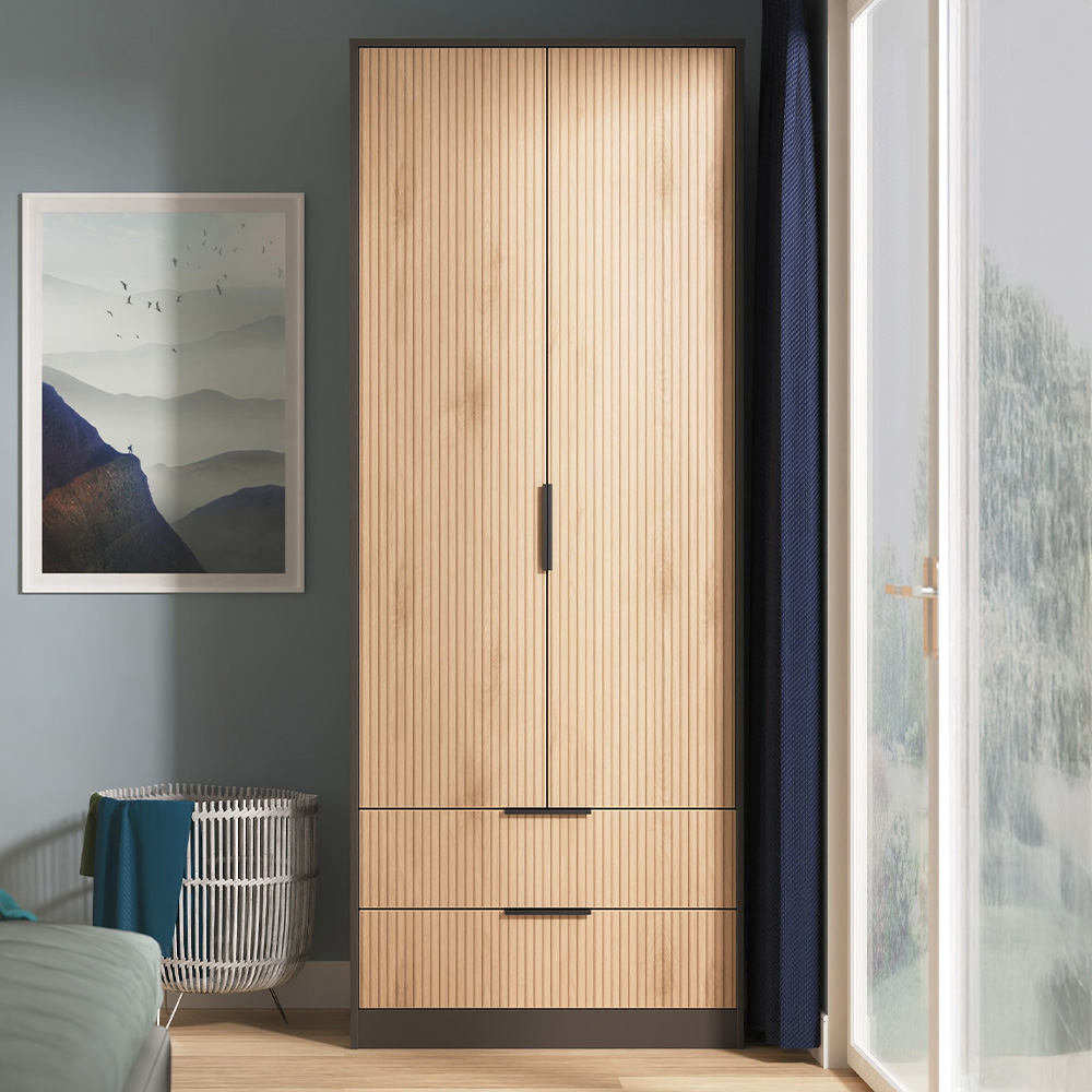 Crowndale Hong Kong 2 Door 2 Drawer Slatt Effect and Graphite Tall Wardrobe Ready Assembled Image 1