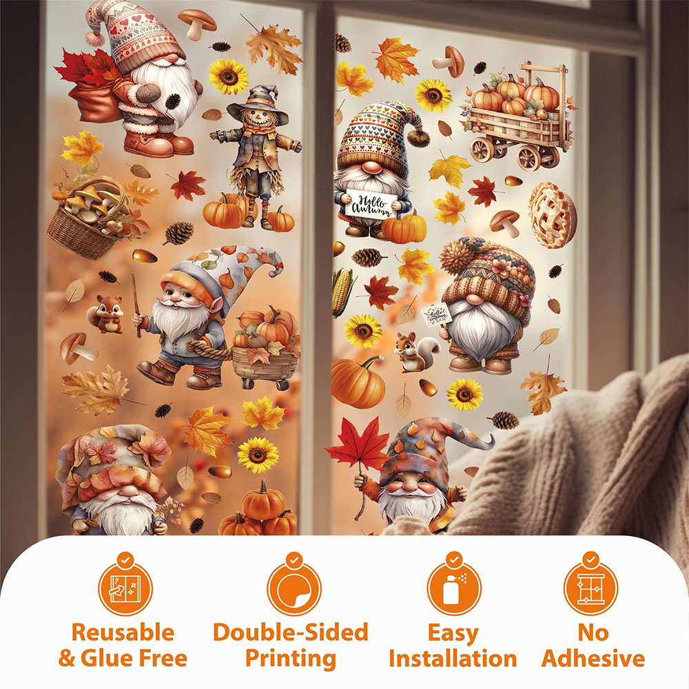Walplus Halloween 148 Piece Autumn Gnomes and Pumpkin Window Cling Set Image 2