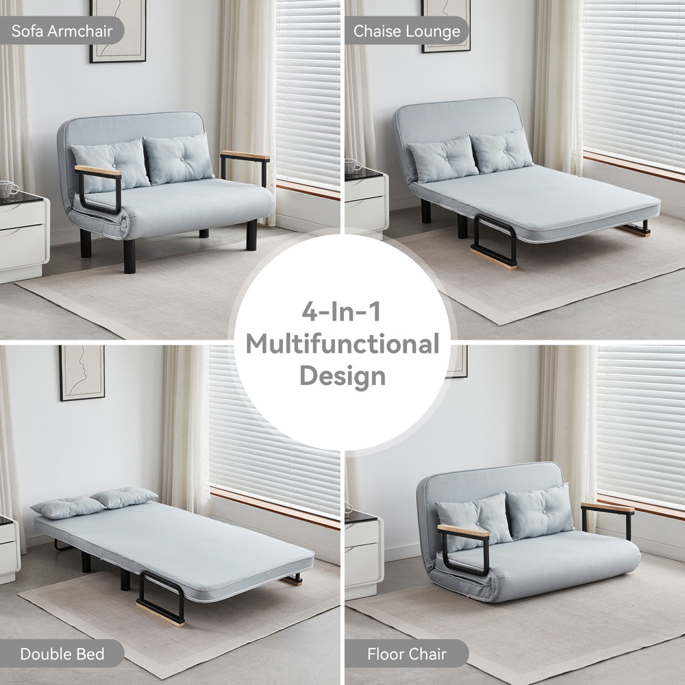 2 Seater Light Grey 4-in-1 Foldable Sofa Bed with Adjustable Backrest and Large Cushion Image 5