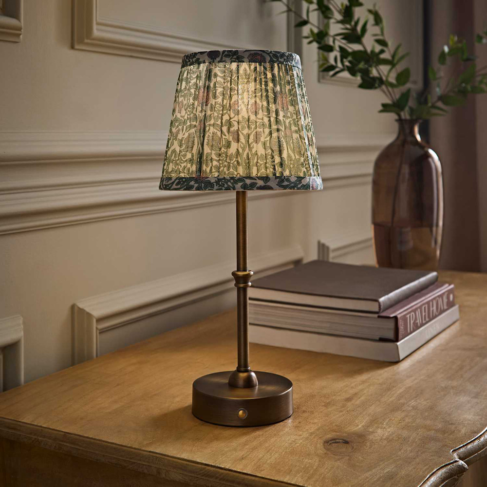 ValueLights Lowe Green Floral Pleated Shade Brass Rechargeable Table Lamp with Bulb Image 6