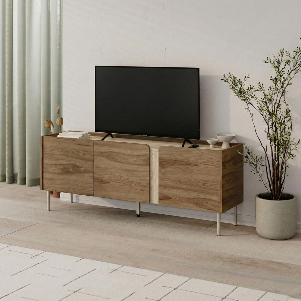 Decortie Norm 3 Door Deep Oud and Travertine TV Stand Image 5