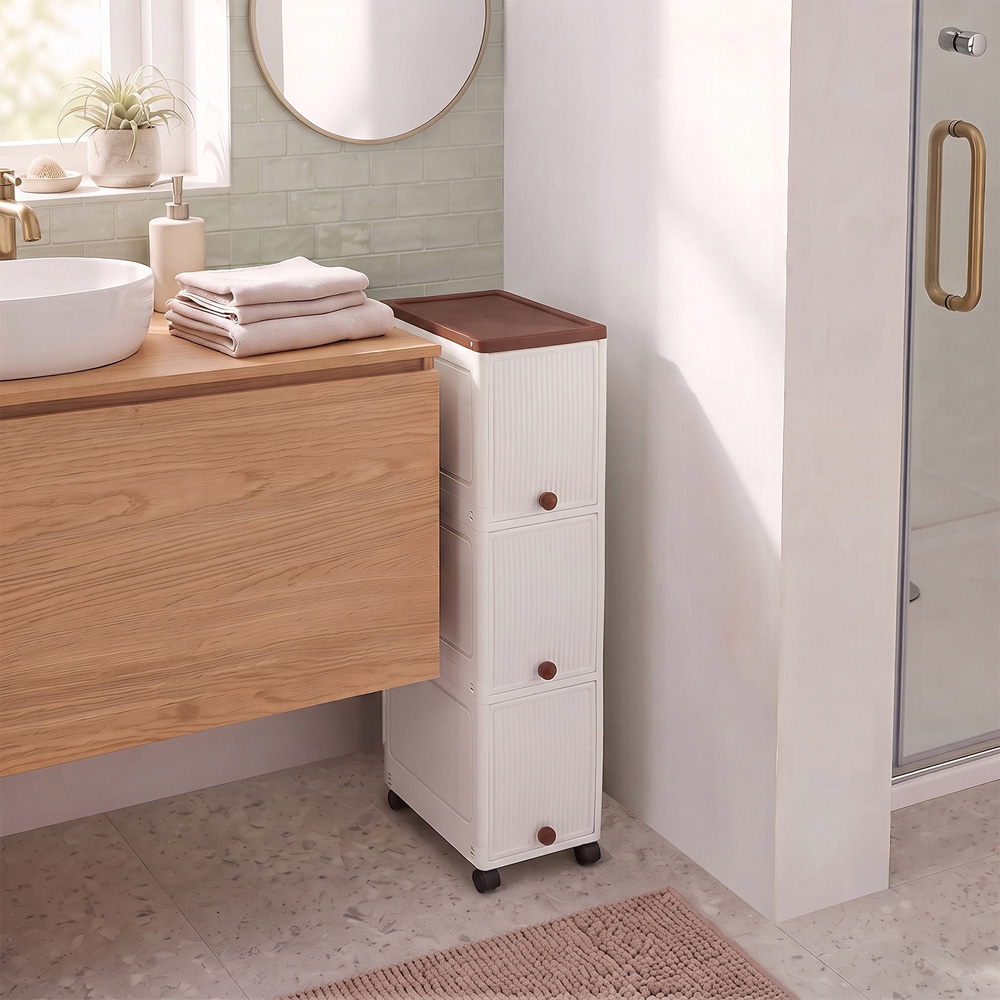 Living and Home 3-Tier White and Brown Slim Storage Cabinet with Wheels Image 7