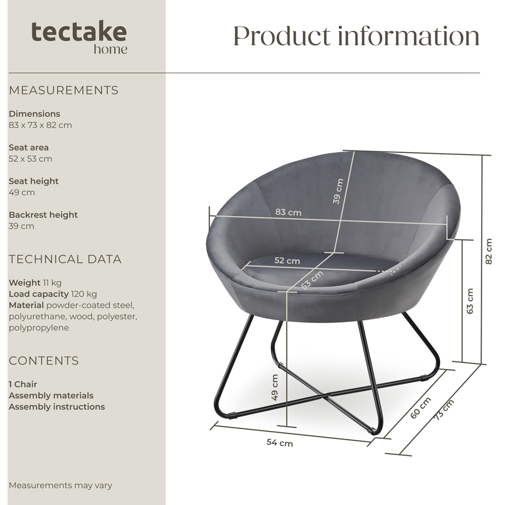 tectake Centera Anthracite Velvet Look Accent Chair Image 9