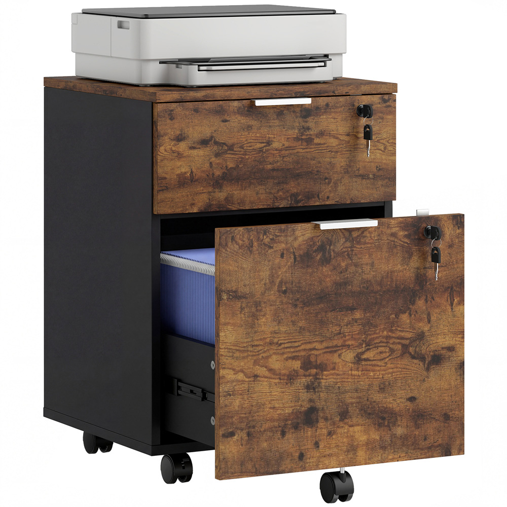 Portland 2 Drawer Rustic Brown Mobile Lockable Filing Cabinet with Keys Image 2