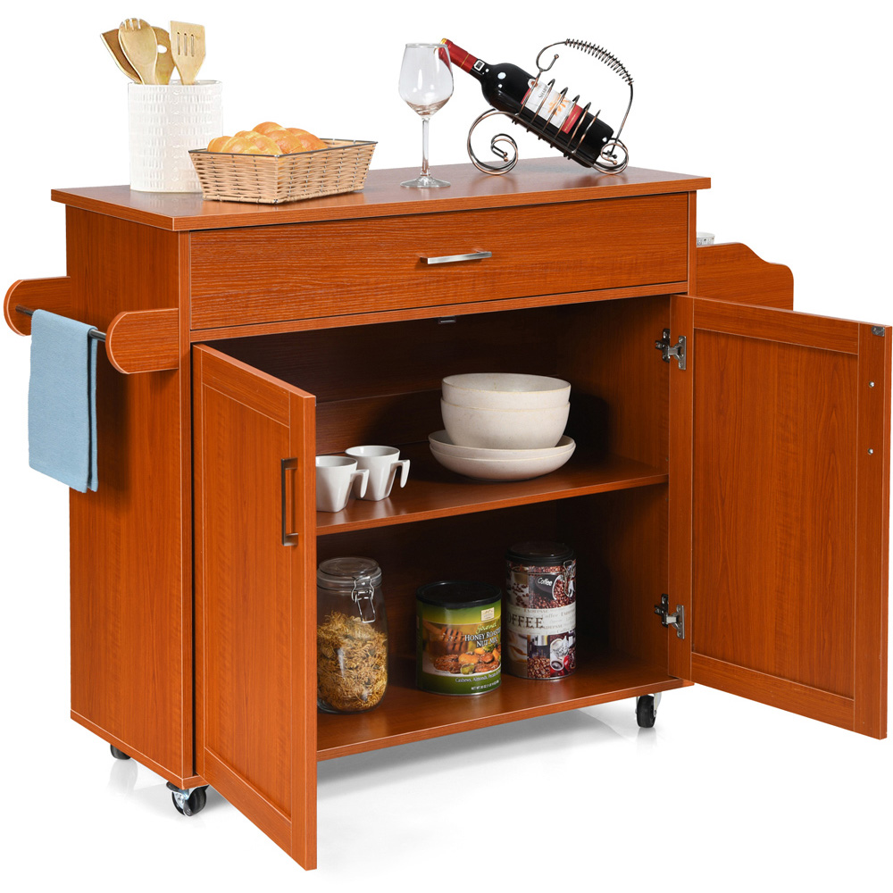 Costway 2 Door Single Drawer Single Shelf Brown Rolling Kitchen Storage Trolley Image 3