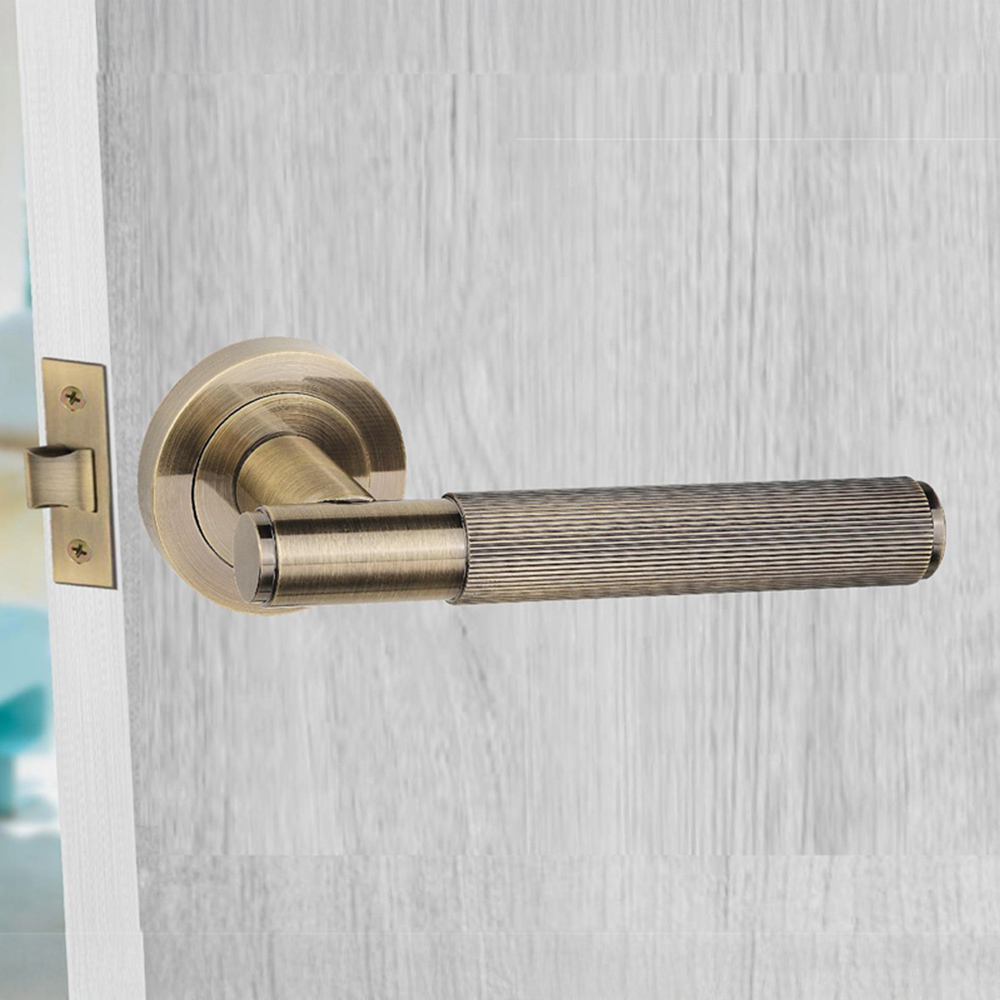 Golden Grace Antique Brass Straight T-Bar Linear Euro Lock Door Handle Set 70mm Image 2