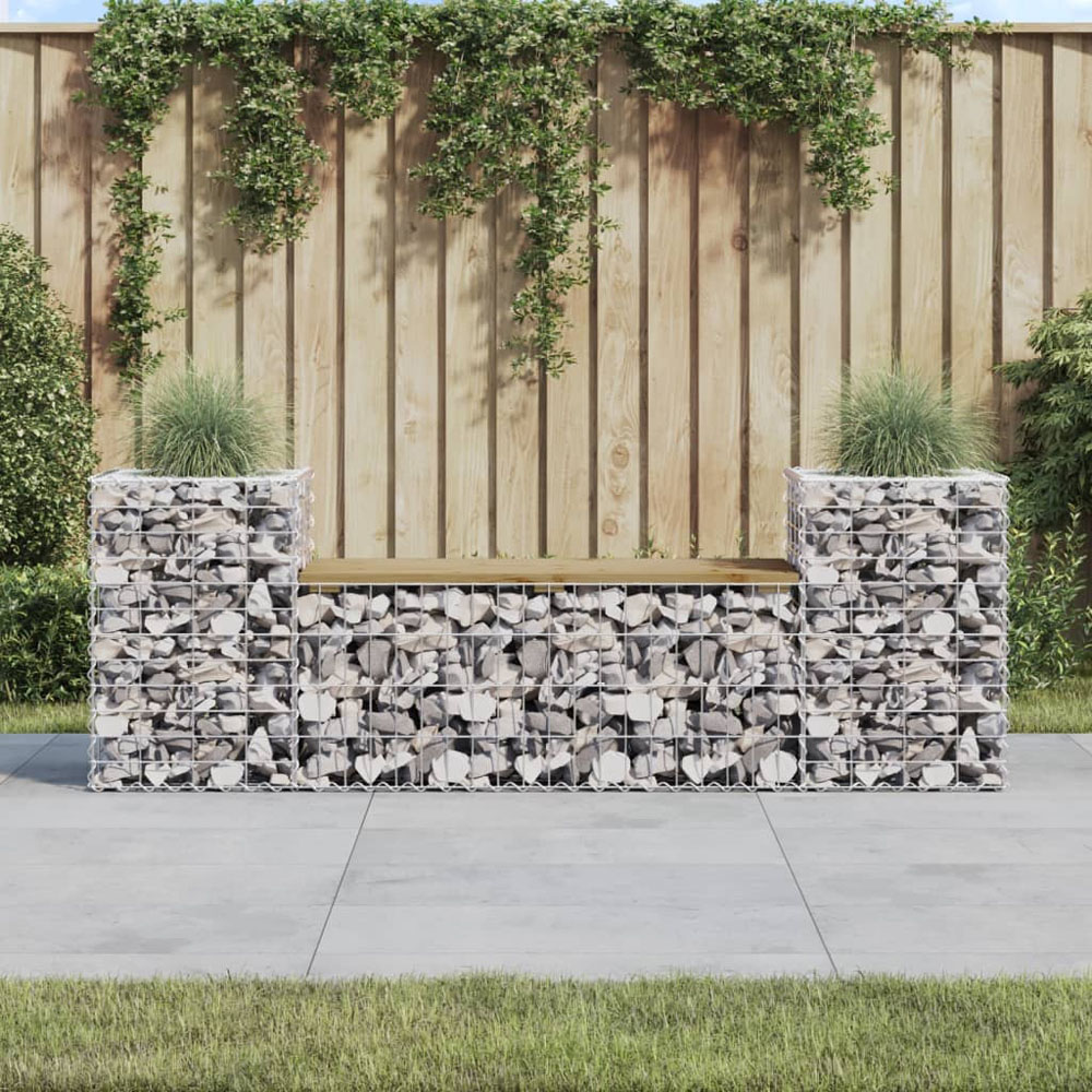 Walplus Impregnated Pine Wood and Galvanised Steel Gabion Design Garden Bench 60.5 x 183 x 41cm Image 2