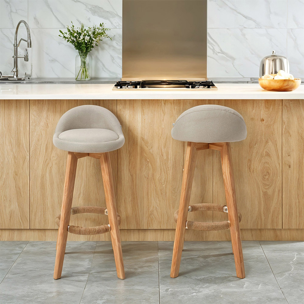 Living and Home Set of 2 Beige Linen Bar Stools with Wood Legs Image 8