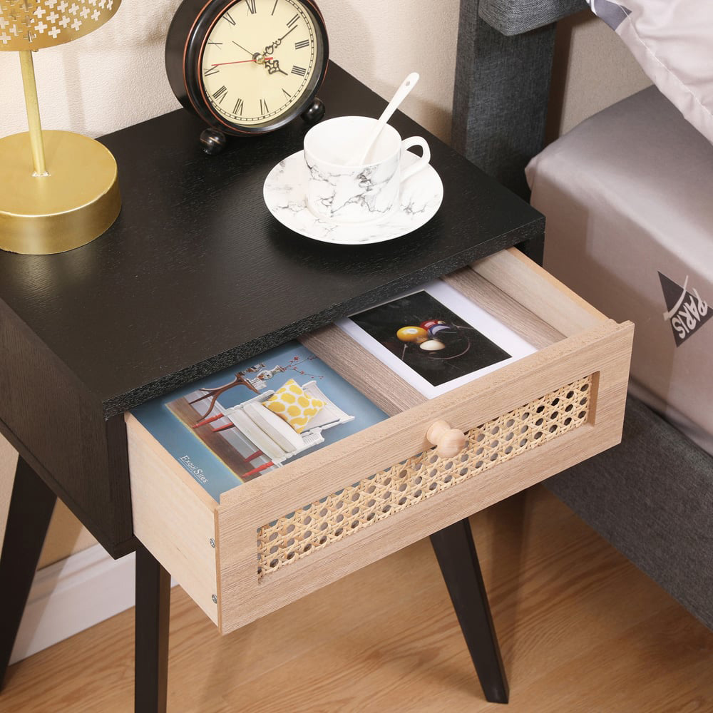 FurnitureHMD Single Drawer Black and Natural Rattan Weaving Side Table with Pine Wood Legs Image 6