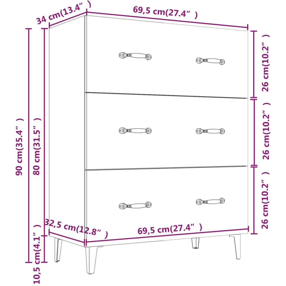 vidaXL 3 Drawer White Sideboard Image 9