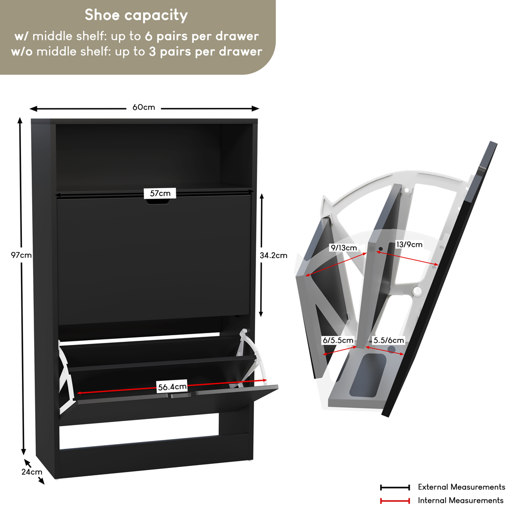 VIDA DESIGNS 2 Drawer Single Shelf Black Shoe Cabinet Image 9