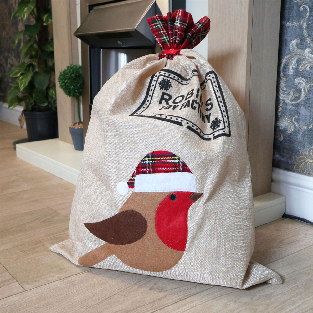Shatchi Robin Burlap Hessian Linen Christmas Santa Sack 70 x 50cm Image 2