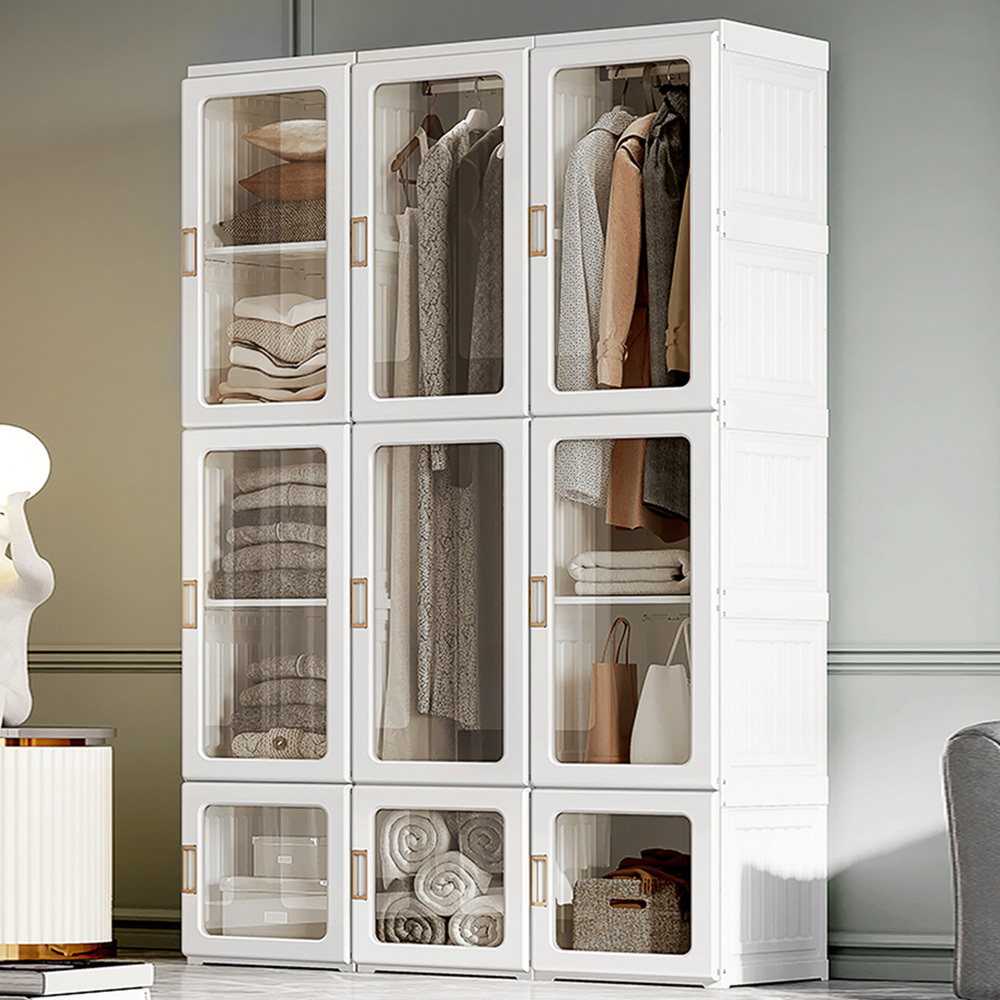 Portland 9 Door White Portable Wardrobe Hanging Rods Image 1