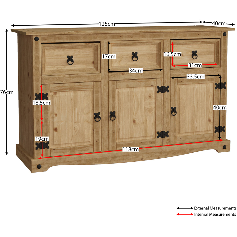 Vida Designs Corona 3 Door 3 Drawer Pine Sideboard Image 8