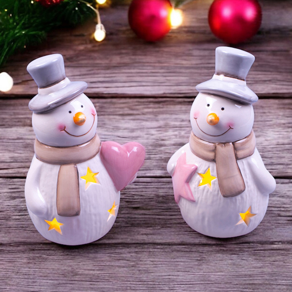 St Helens 2 Piece LED White Ceramic Snowman Decoration Set Image 3