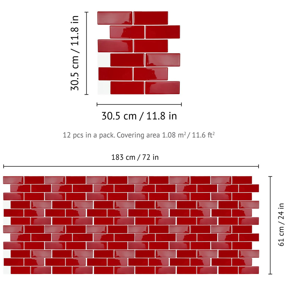 Walplus Cherry Red Retro Glossy 3D Tile Sticker 30.5 x 30.5cm 12 Pack Image 8