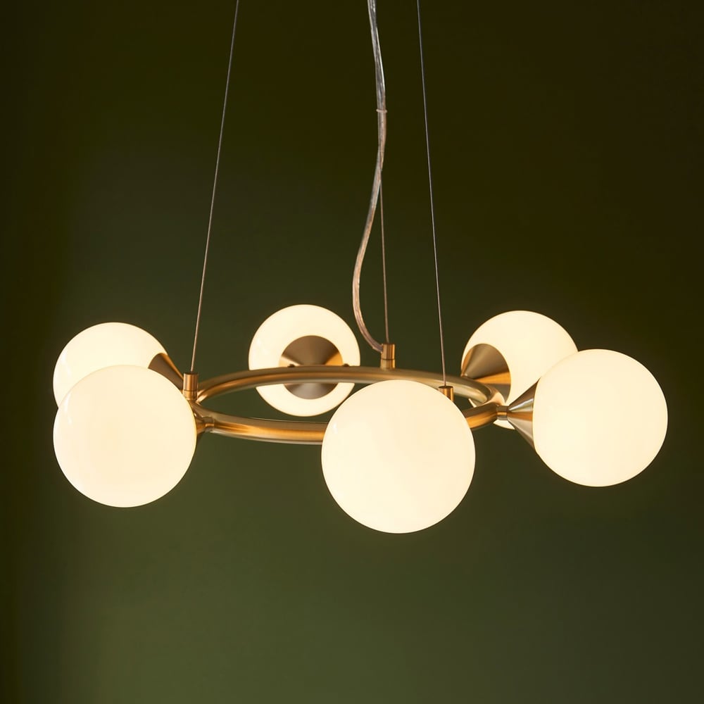 Merano Grosseto 6 light White Gloss Glass Satin Brass Plate Ceiling Light Image 6