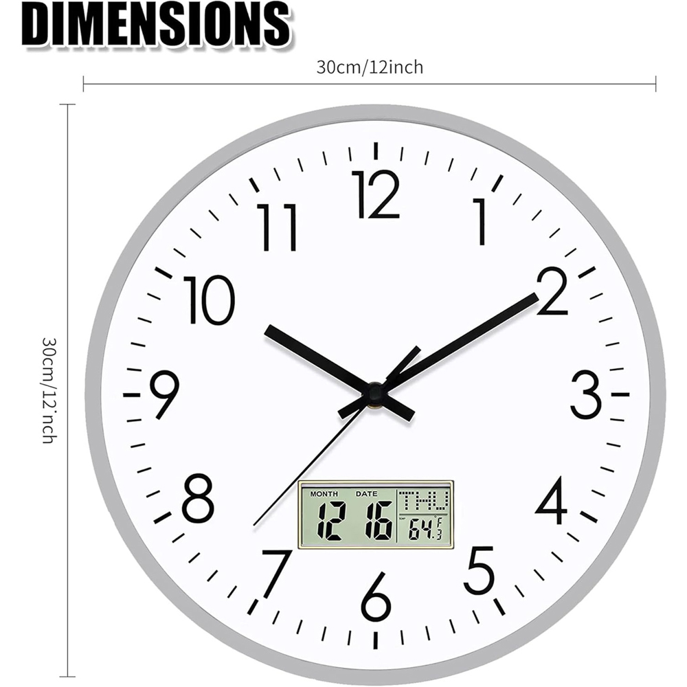 ATEK Silver Silent Digital Wall Clock with Date Day and Temperature Display 30cm Image 6