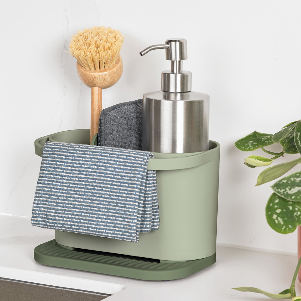 ReBorn Sage Green Compact Plastic Sink Tidy with Drainage Tray Image 2
