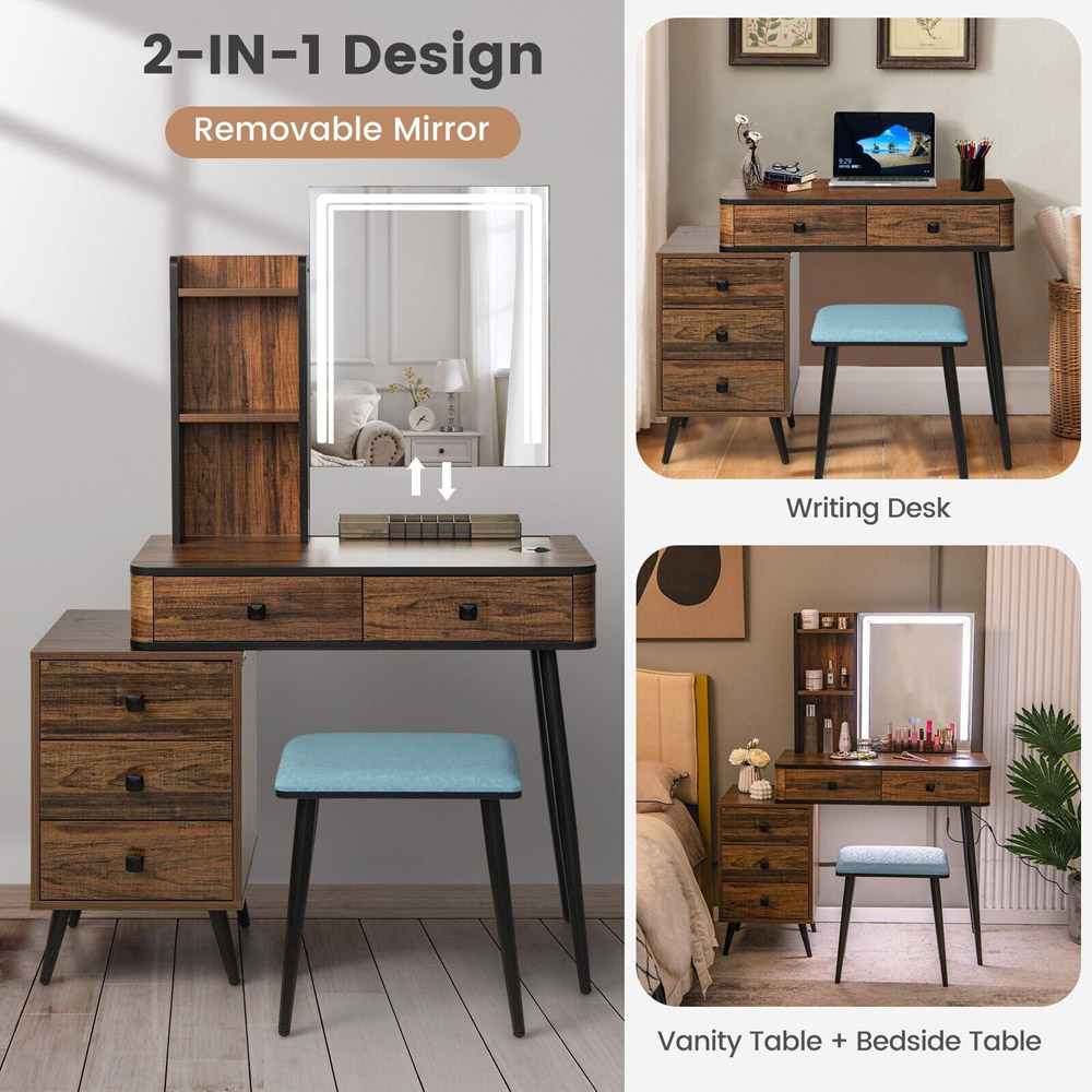 Costway Brown Vanity Dressing Table Set with LED Mirror and Charging Station Image 4