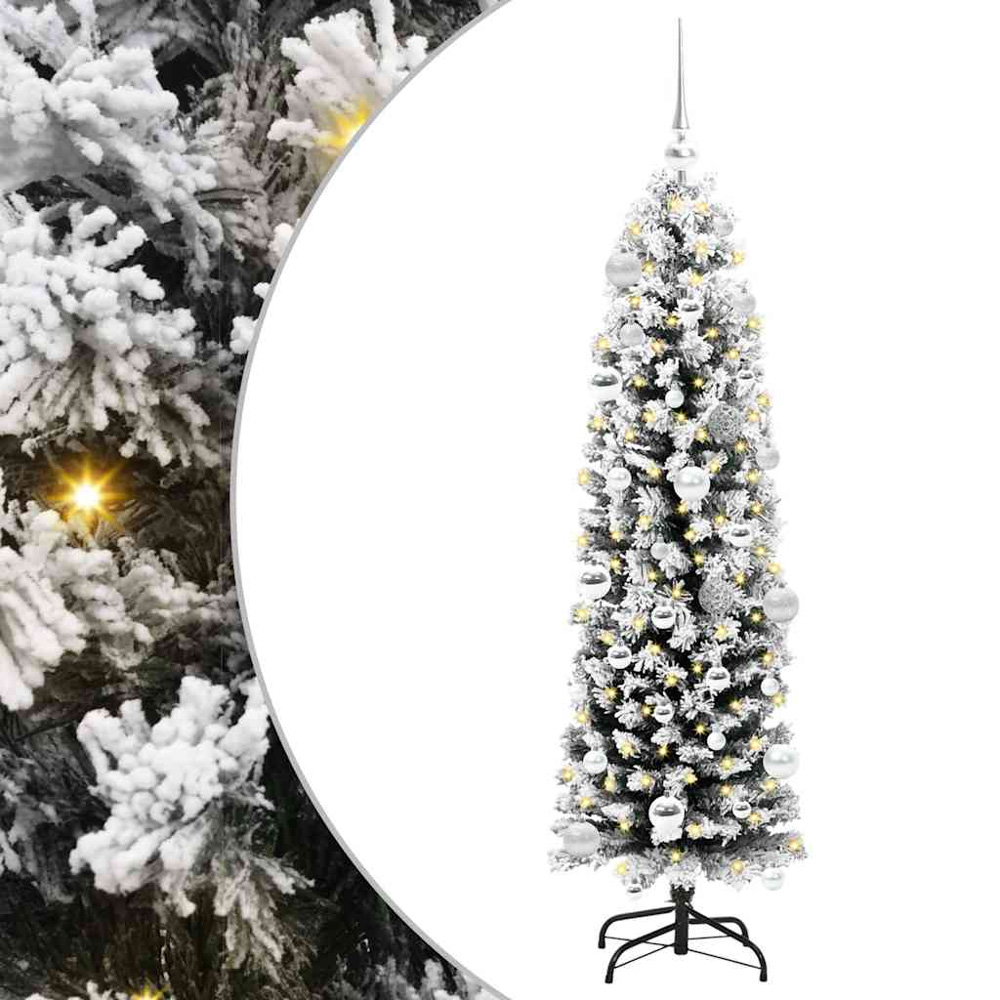 vidaXL Green Snow Flocked Artificial Christmas Tree with LEDs Silver Decoration Ornaments 5ft Image 2